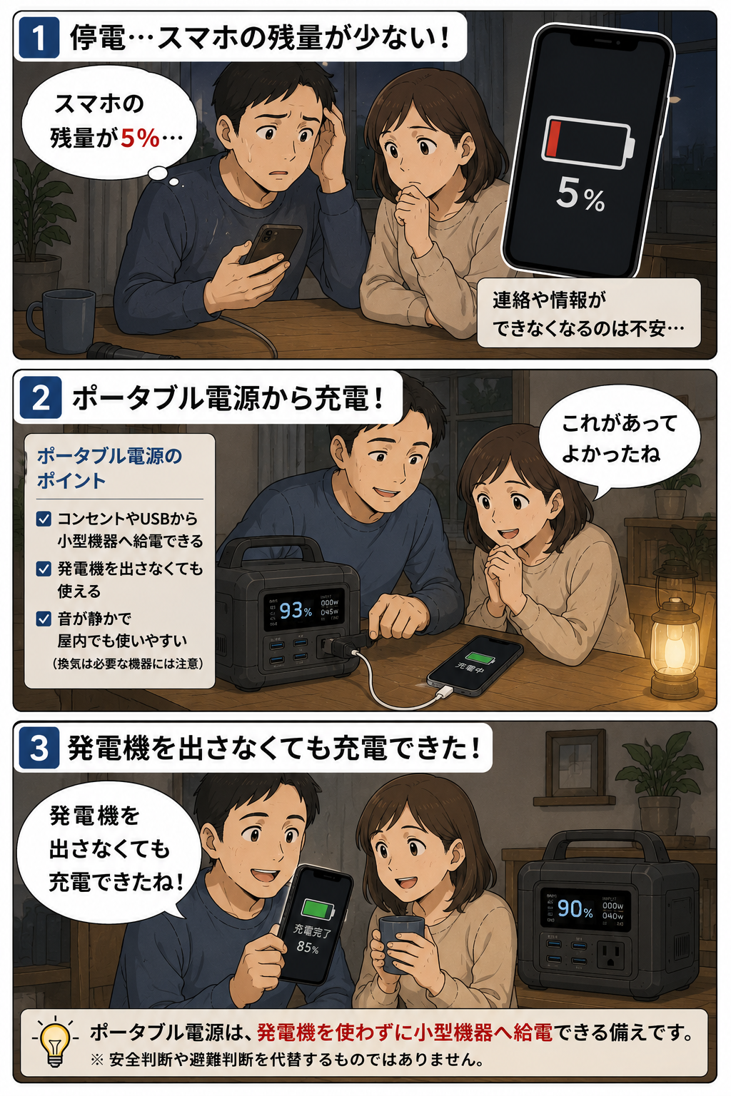 停電中に夫婦がポータブル電源でスマホを充電する3コマ漫画