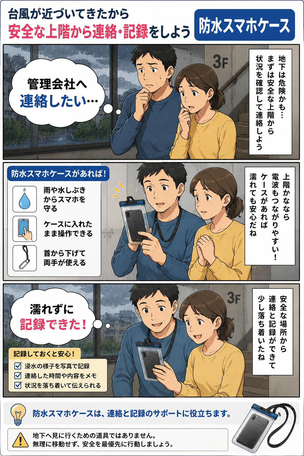 台風時に夫婦が安全な上階から防水スマホケースを使って管理会社へ連絡し記録する漫画