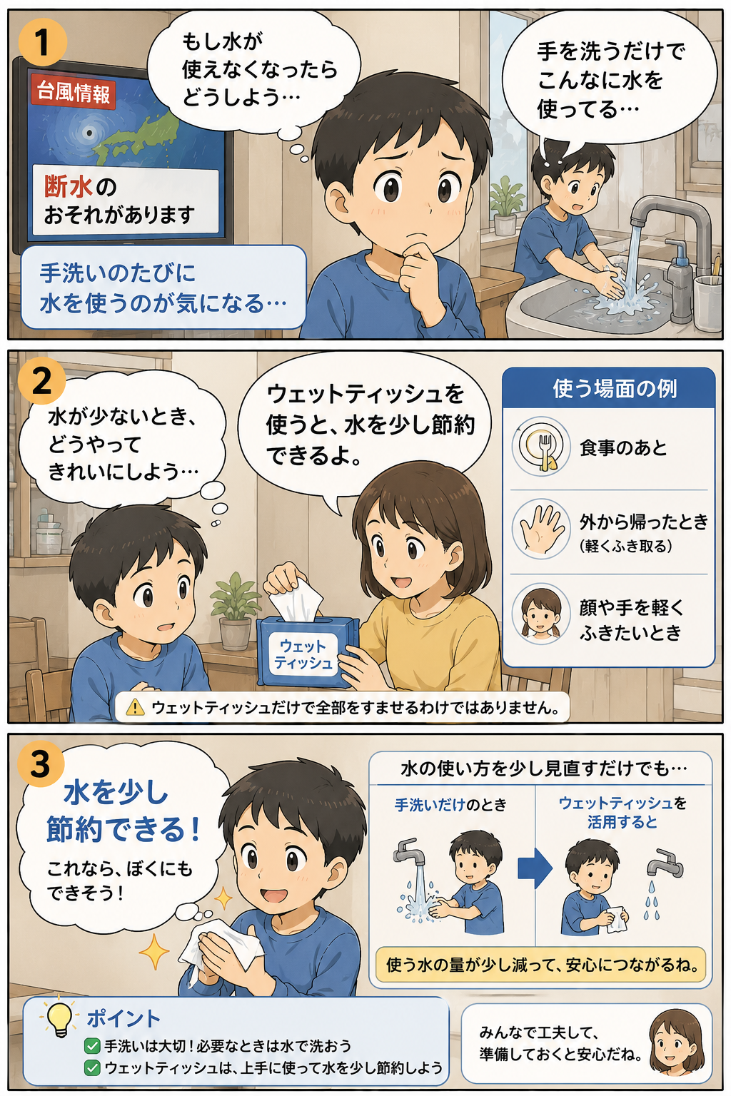 台風で断水しそうな時に子どもがウェットティッシュを使い水を少し節約する漫画