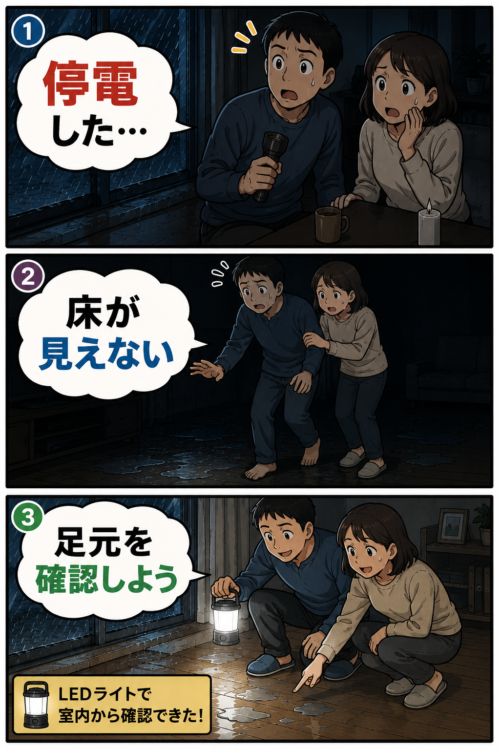 台風の夜に停電し、夫婦がLEDライトで床の水と足元を確認している3コマ漫画