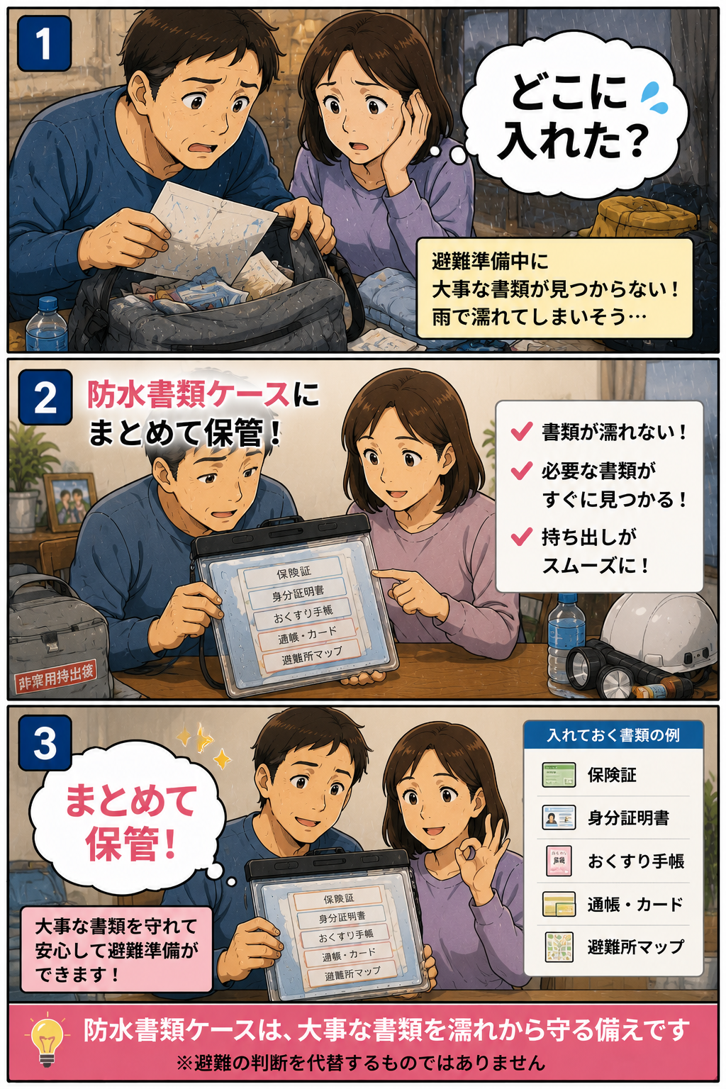 避難準備中に夫婦が大事な書類を防水書類ケースにまとめて保管する漫画