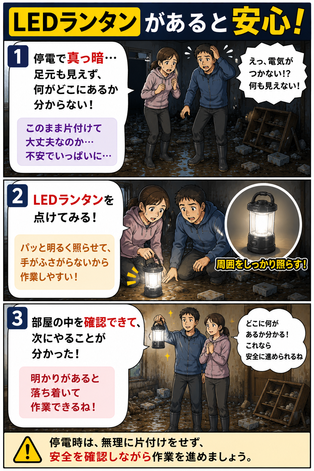 停電した床上浸水後の室内でLEDランタンを使い足元を確認する夫婦の漫画
