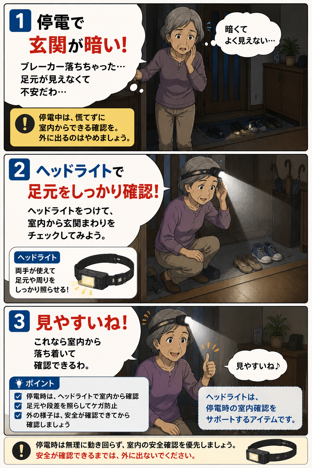 停電で暗い玄関をヘッドライトで室内から確認する高齢女性の漫画