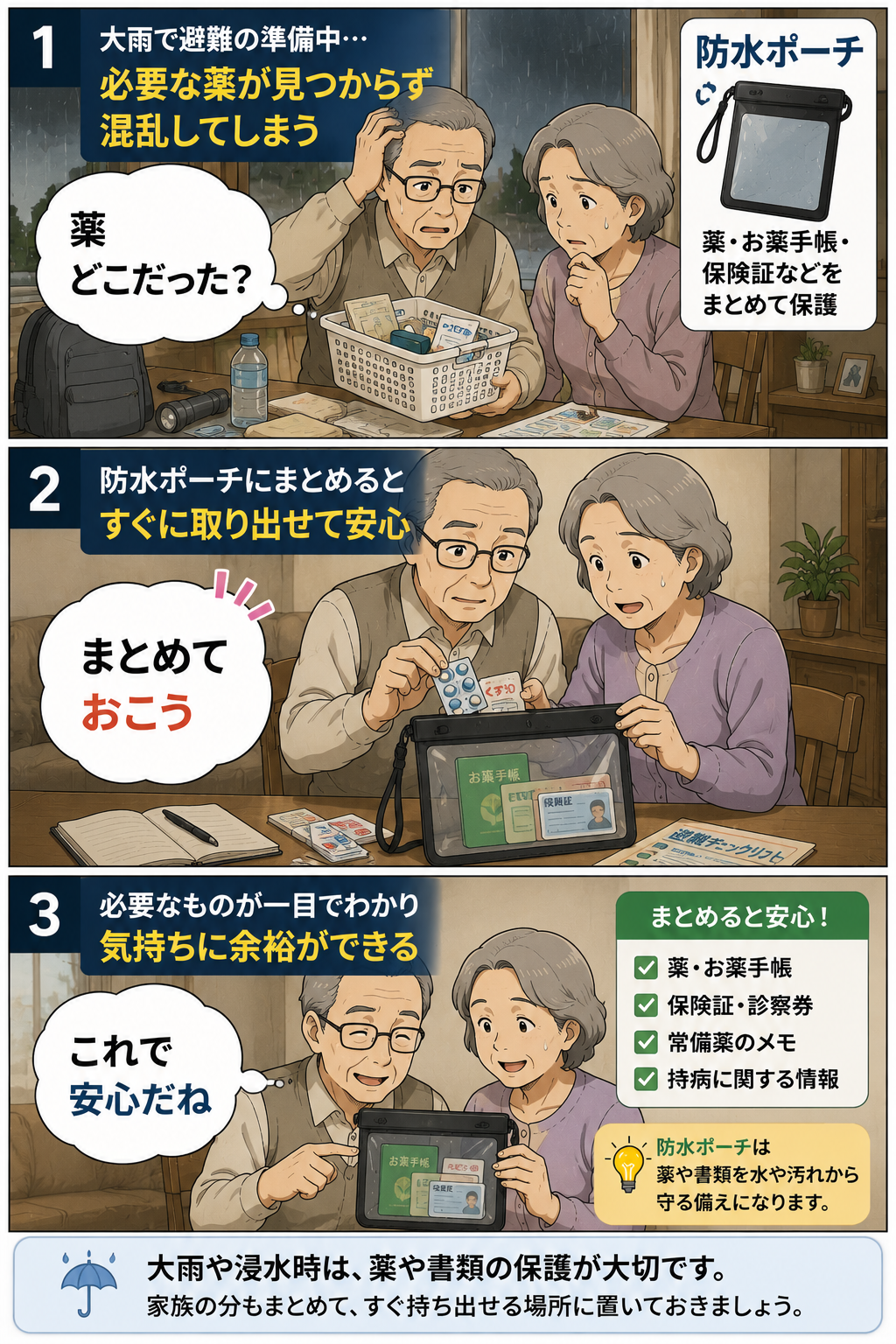 高齢夫婦が薬とお薬手帳を防水ポーチにまとめて保管する様子