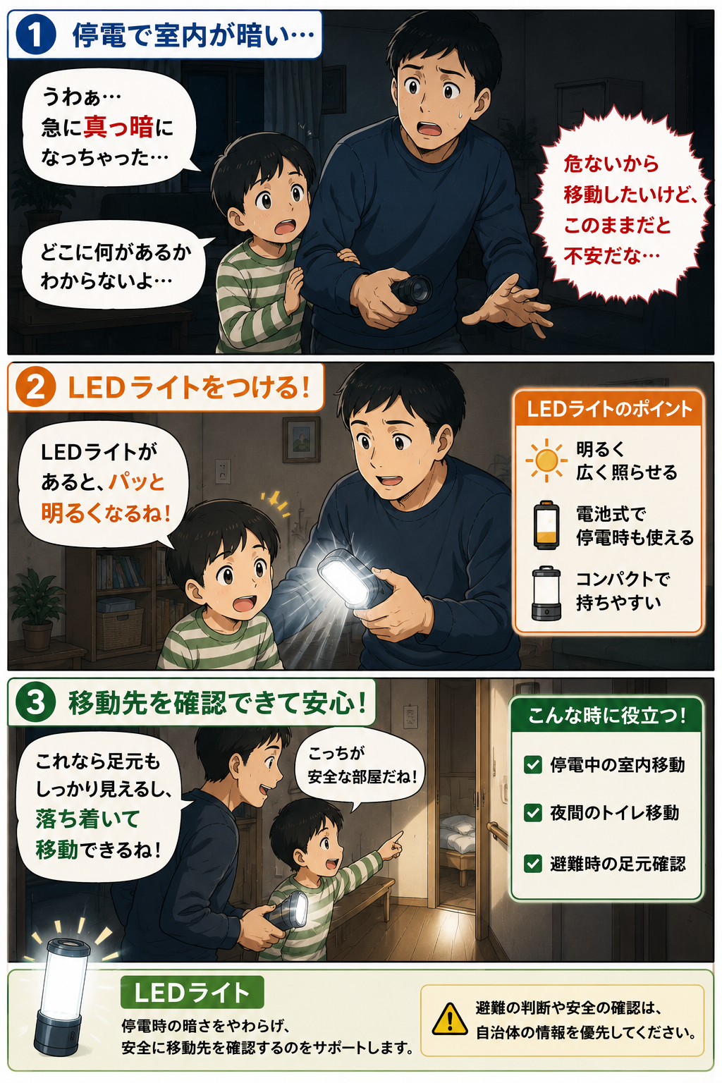 停電で室内が暗く不安な子どもと父親がLEDライトで足元や屋内の移動先を確認する商品紹介漫画