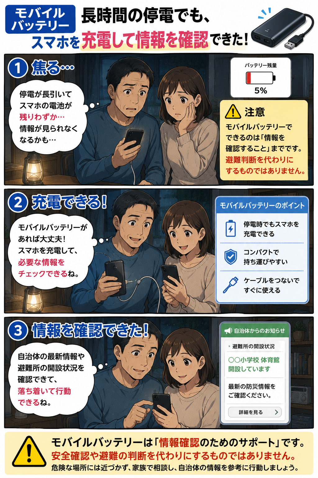 長時間停電中にモバイルバッテリーでスマホを充電し自治体情報を確認する夫婦の漫画