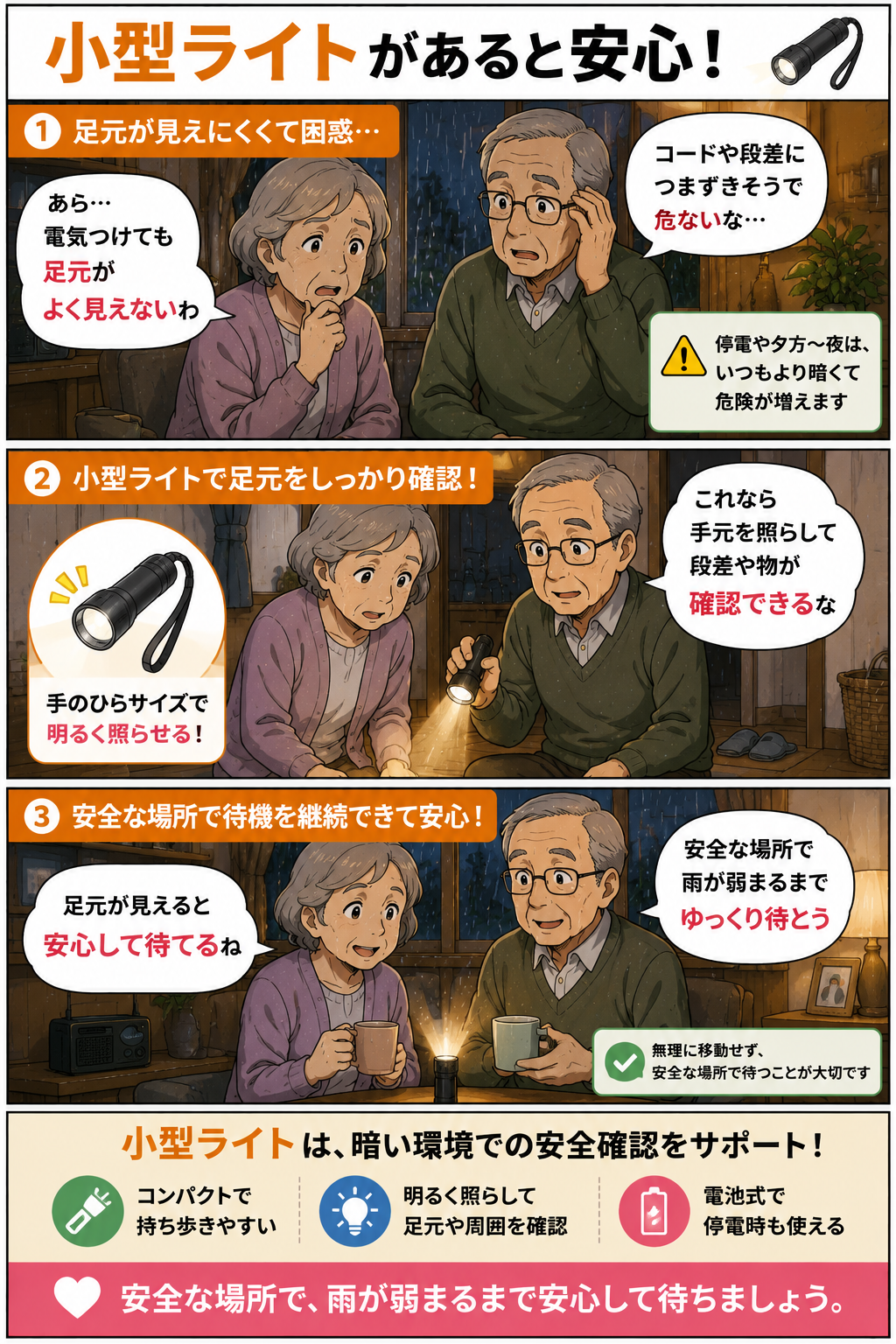 夕方の屋内待機中に高齢夫婦が小型ライトで足元を確認する漫画