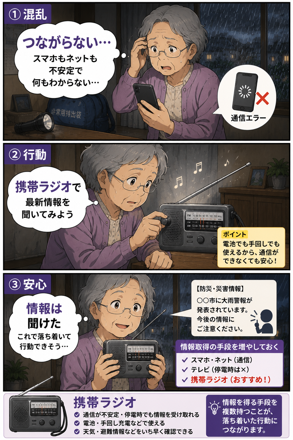 通信不安定時に携帯ラジオで災害情報を確認する祖母の3コマ漫画