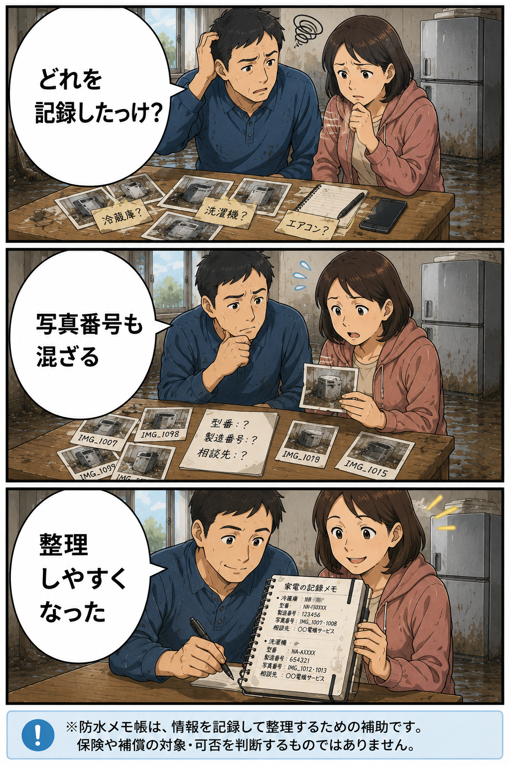 浸水後の家電情報を防水メモ帳に整理して記録する夫婦の3コマ漫画
