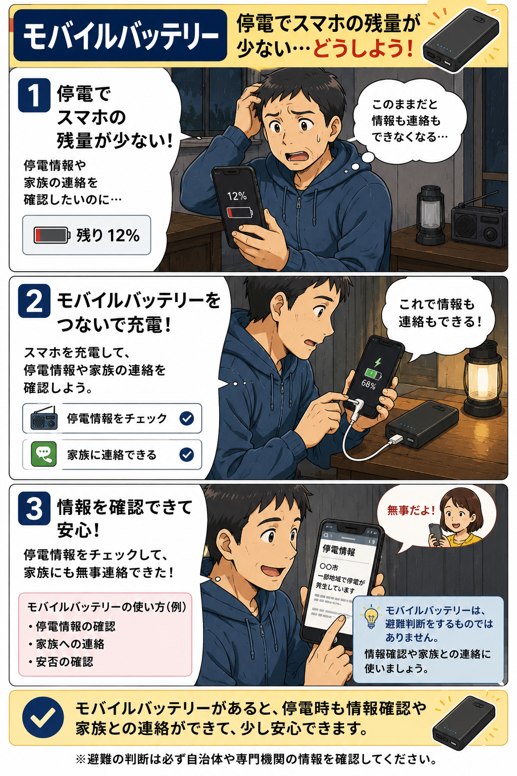 停電時にモバイルバッテリーでスマホを充電し停電情報と家族連絡を確認する父親の漫画
