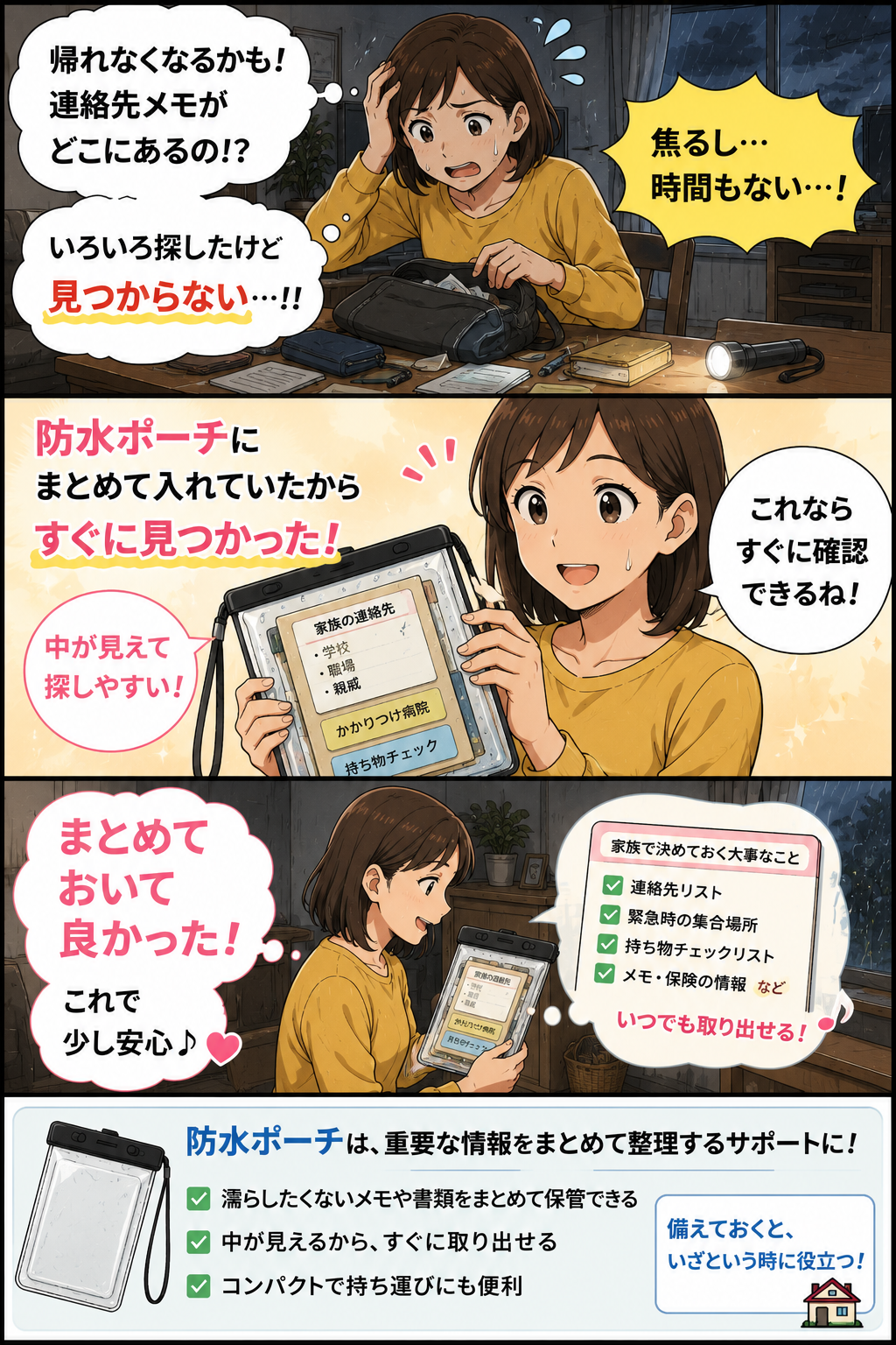 母親が防水ポーチで連絡先メモや重要物を整理する漫画