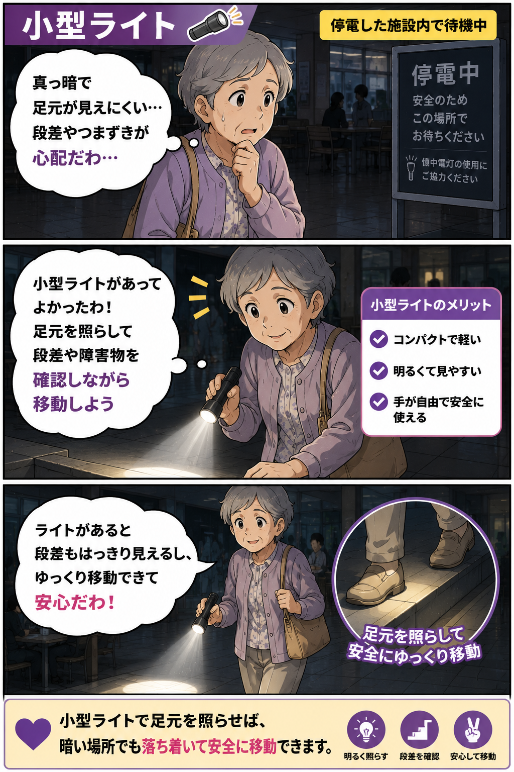 停電した施設内で高齢女性が小型ライトを使って足元を確認する漫画