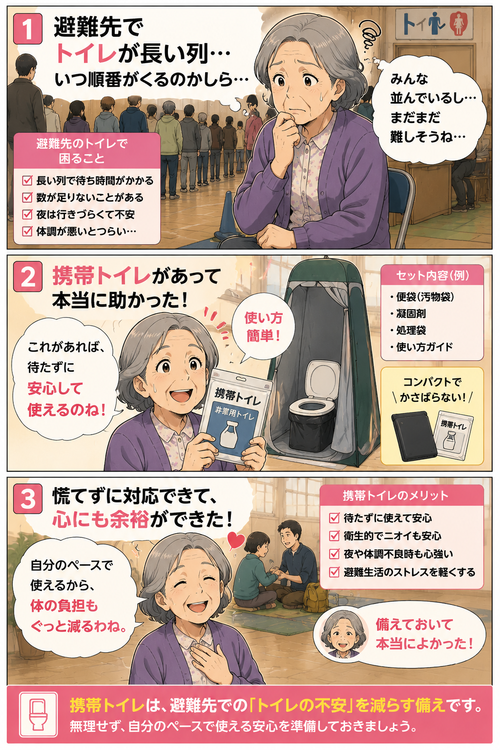 避難先でトイレ待ちに困る祖母が携帯トイレで落ち着いて対応する漫画