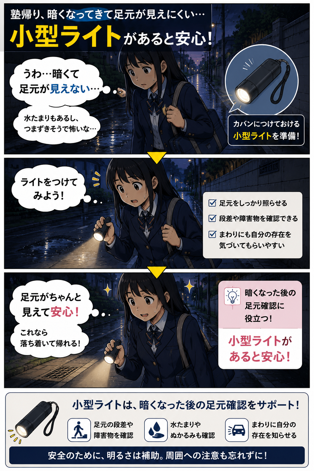 雨上がりの暗い道で塾帰りの高校生が小型ライトを使って足元を確認する商品紹介漫画