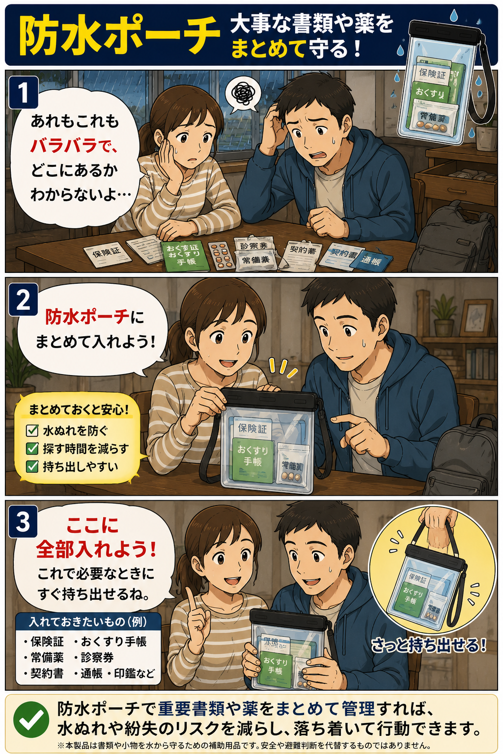 大雨に備えて夫婦が保険証や薬を防水ポーチにまとめて管理する漫画