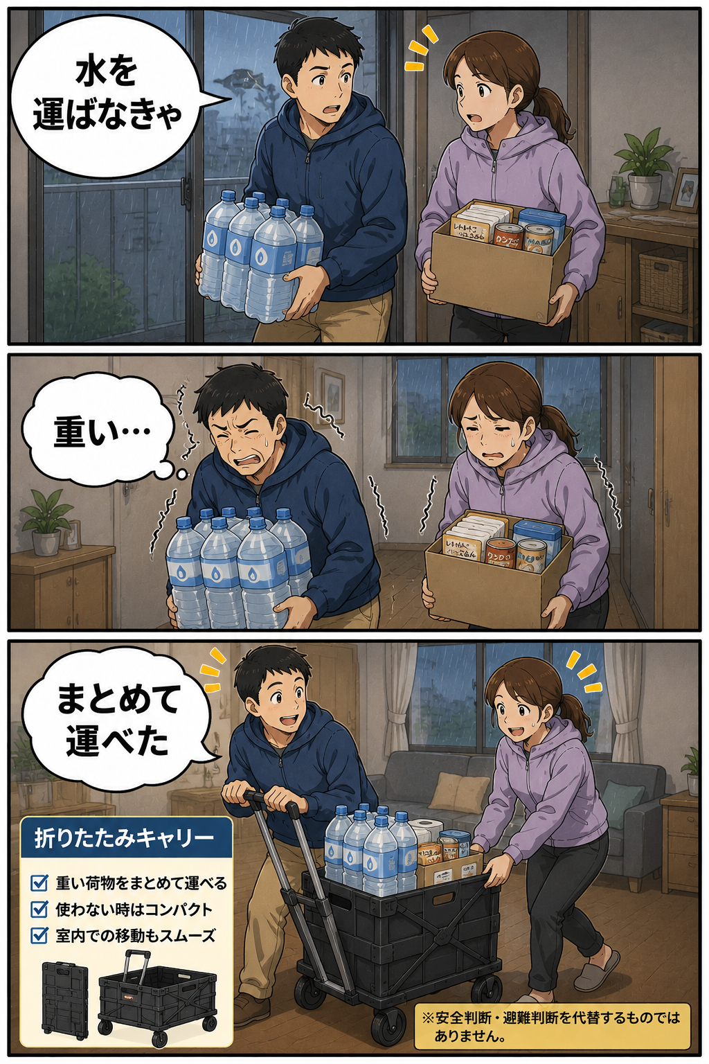 夫婦が水や備蓄品を折りたたみキャリーでまとめて運び、運搬の負担を軽くしている漫画