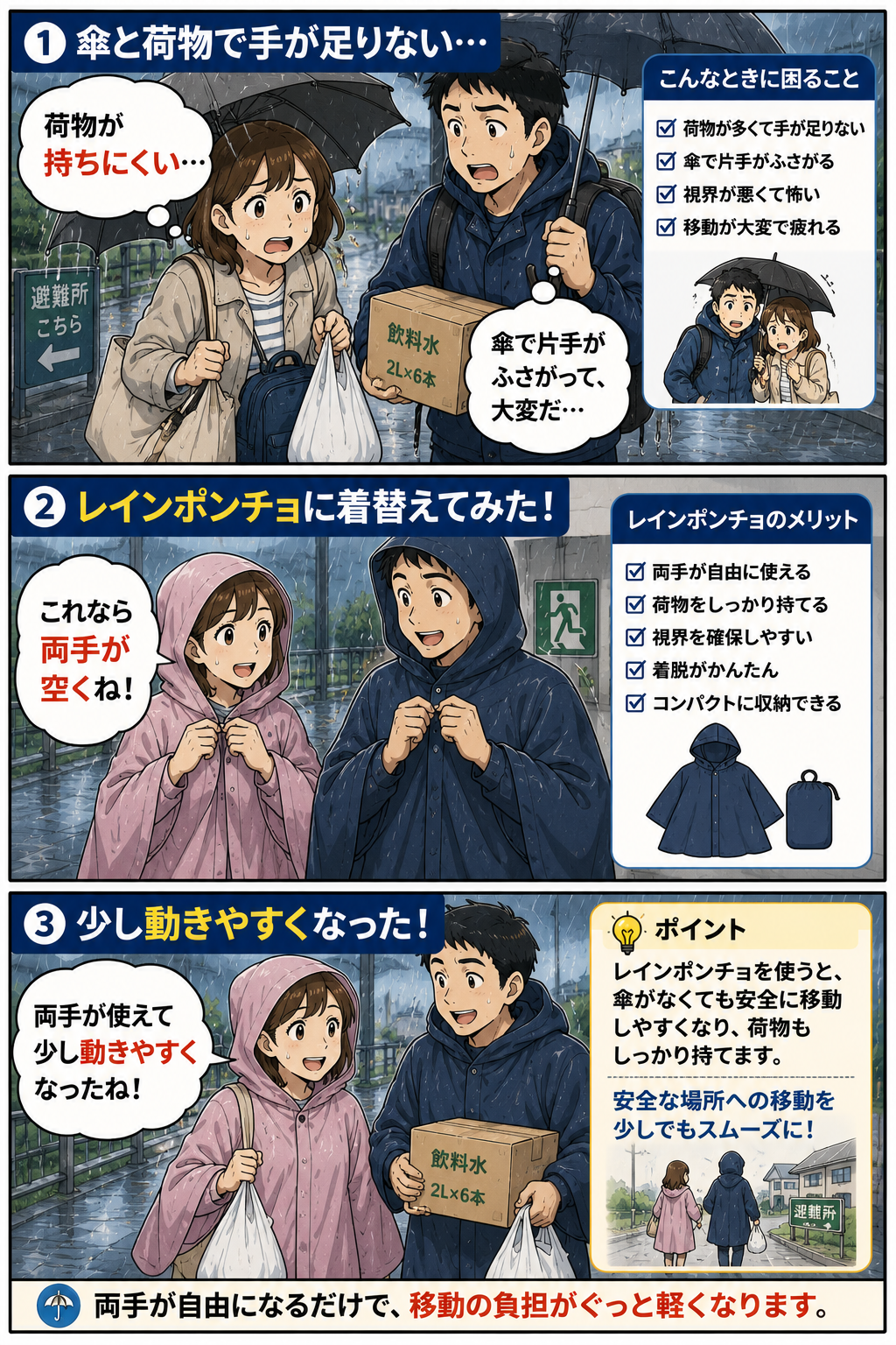 レインポンチョで両手が使いやすくなり荷物を持ちやすくなる夫婦の漫画