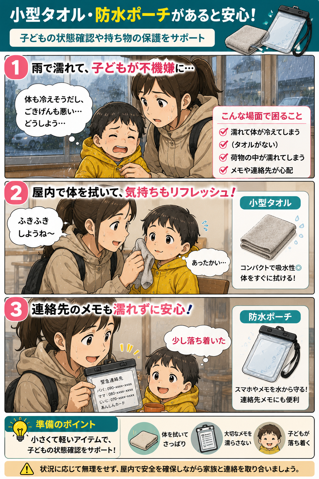豪雨時に小型タオルと防水ポーチで子どもの状態確認と連絡先メモ保護を補助する漫画