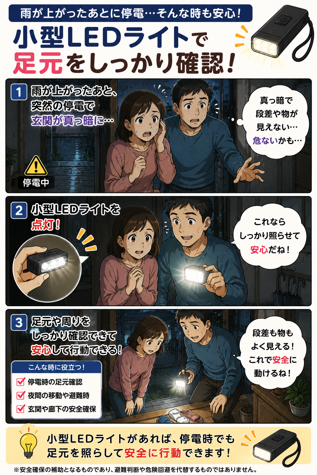 雨上がり後の停電で暗い玄関を小型LEDライトで確認する夫婦の漫画