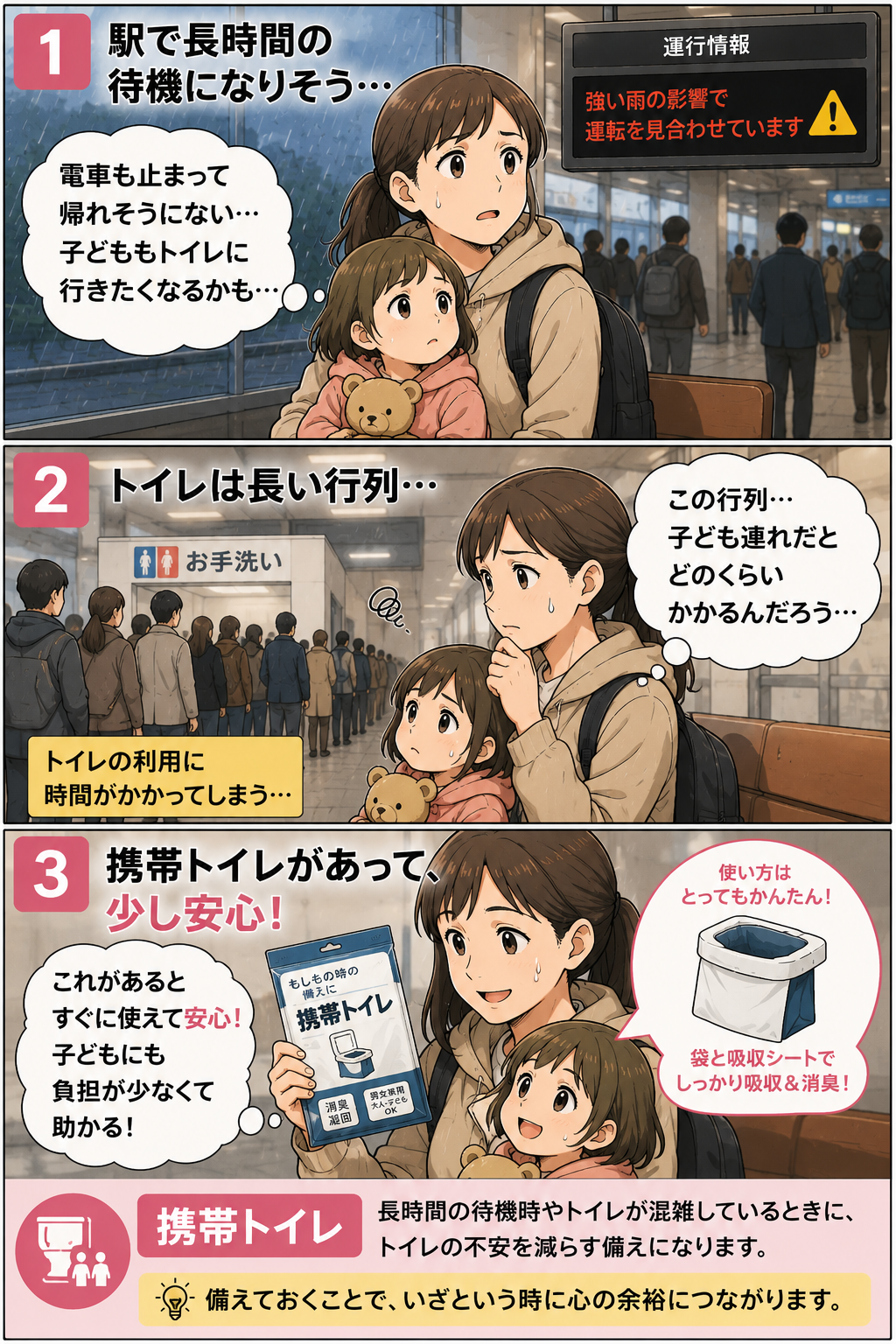 台風で駅に長時間待機する時に携帯トイレが安心材料になる漫画