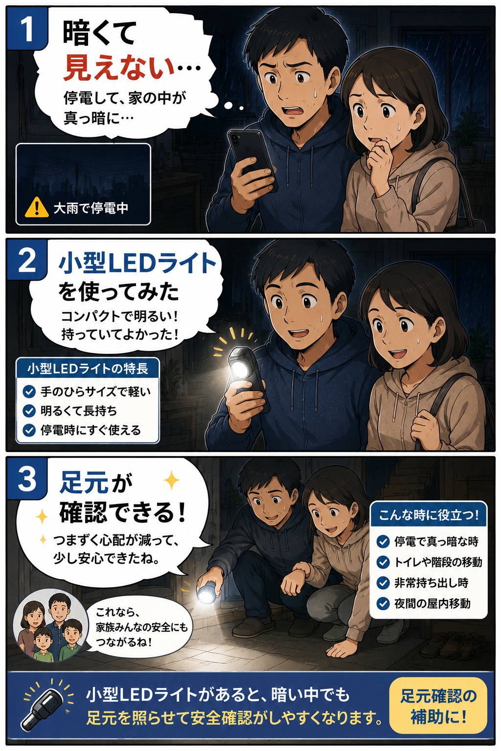 停電で暗い室内を小型LEDライトで照らして足元を確認する夫婦の漫画