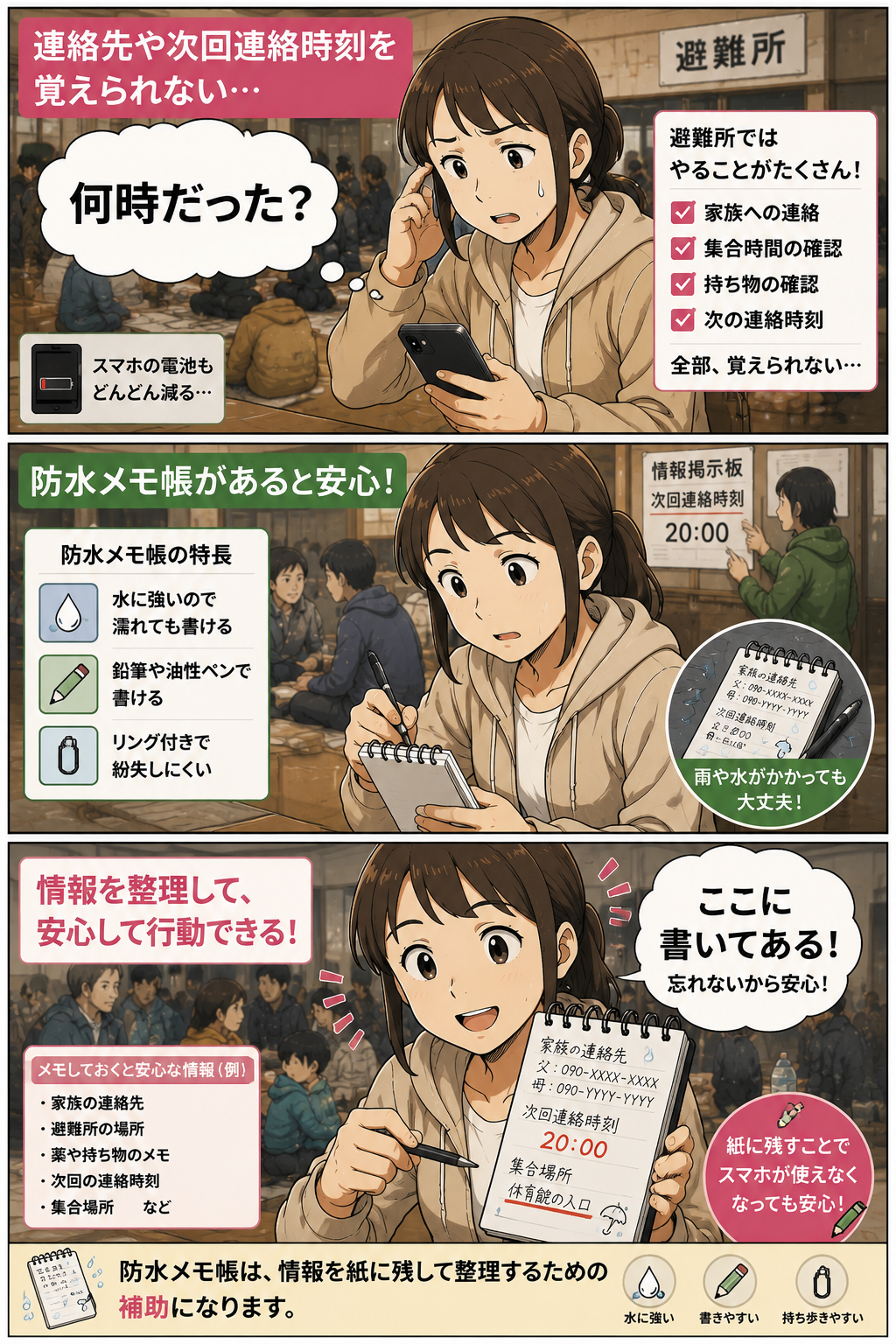 避難所で母親が防水メモ帳に連絡先や次回連絡時刻を書いて整理する漫画