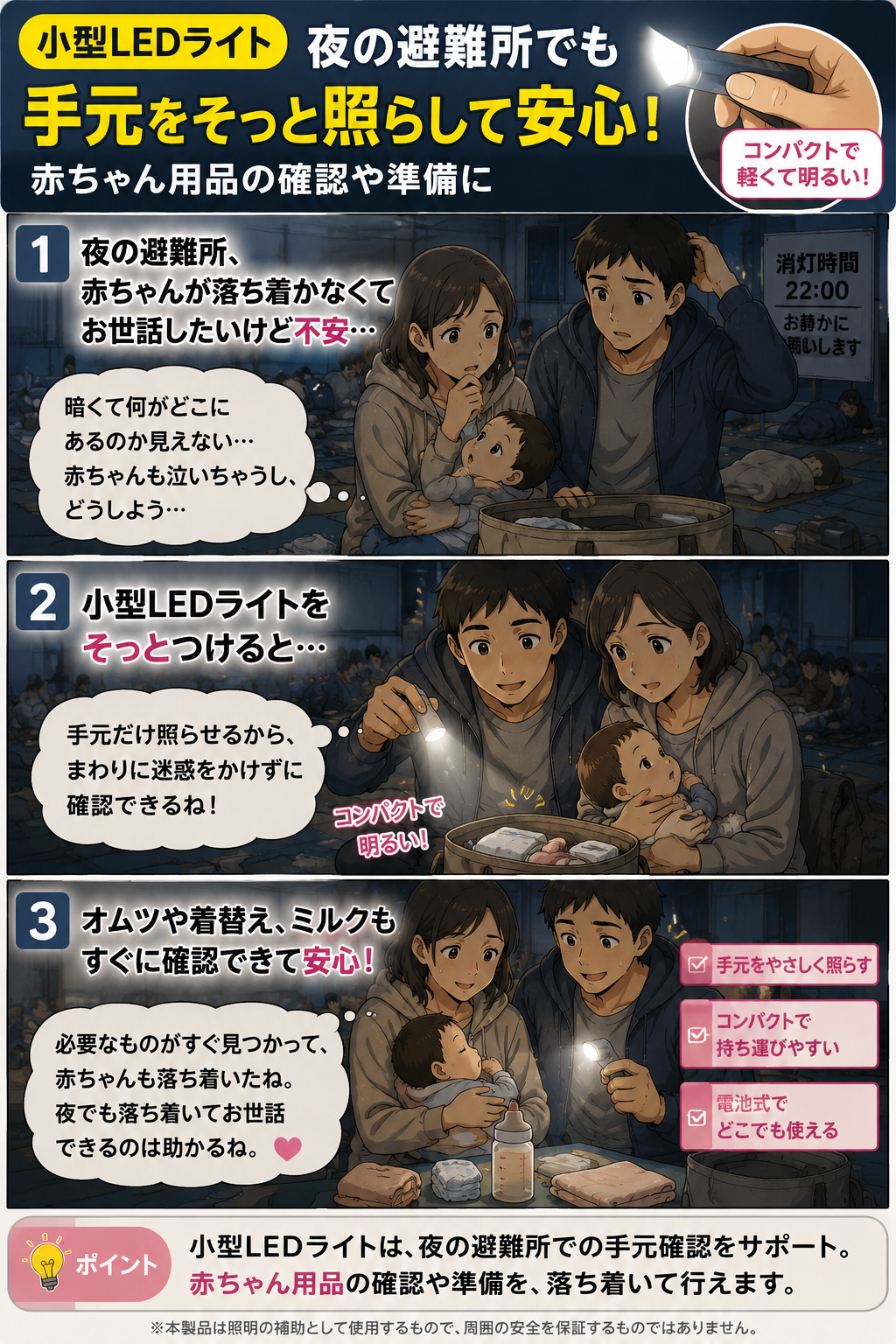夜の避難所で夫婦が小型LEDライトを使って赤ちゃん用品を確認する漫画
