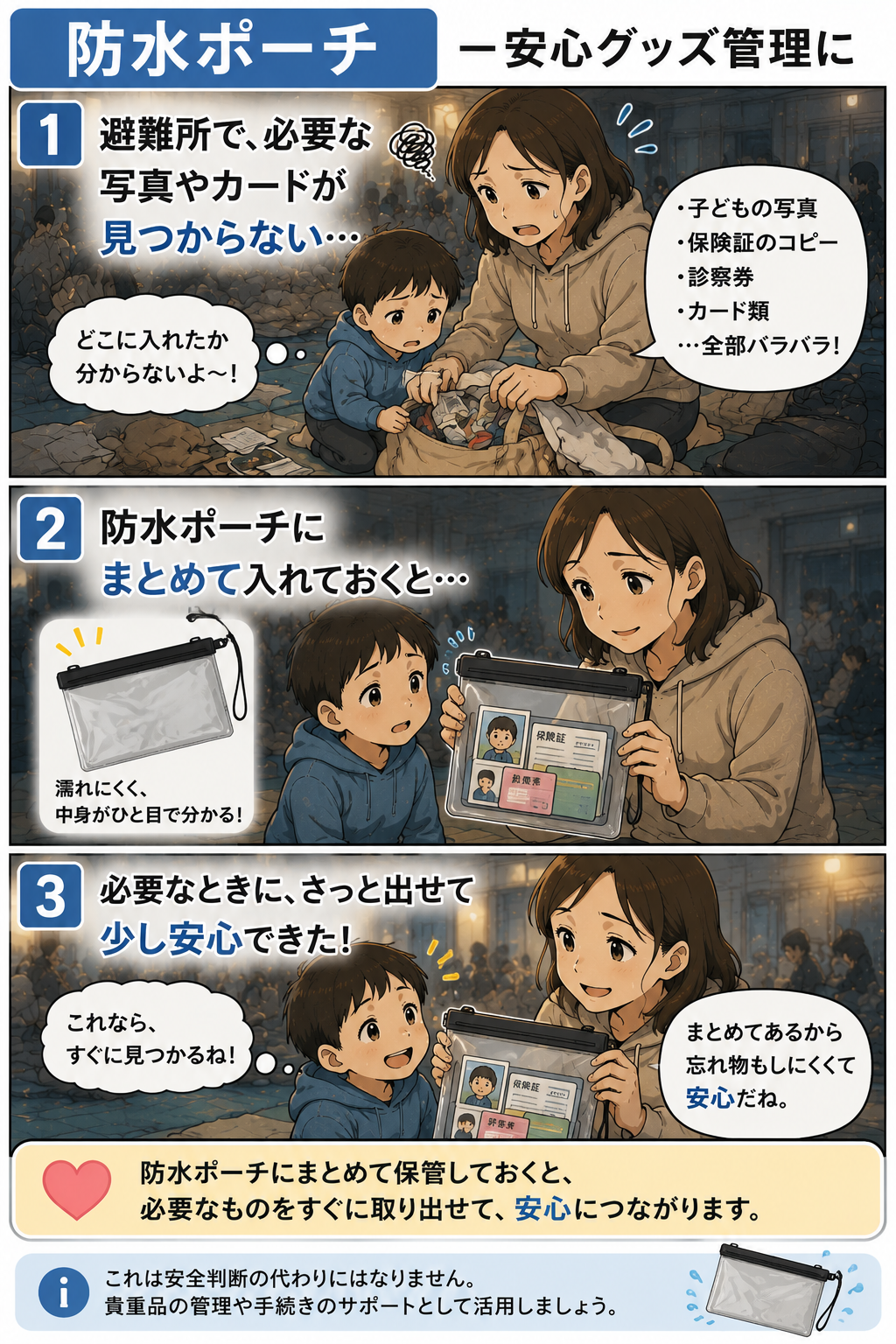 避難所で写真やカードを防水ポーチにまとめて管理する親子の漫画