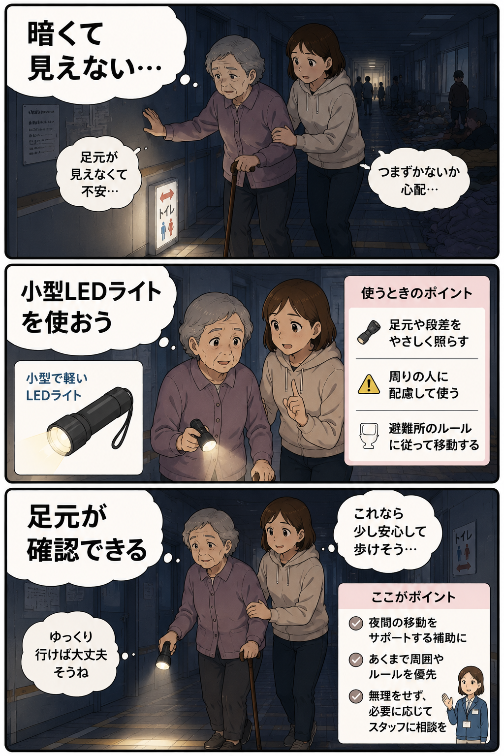 夜間の避難所通路で祖母が小型LEDライトを使って足元を確認する商品紹介漫画