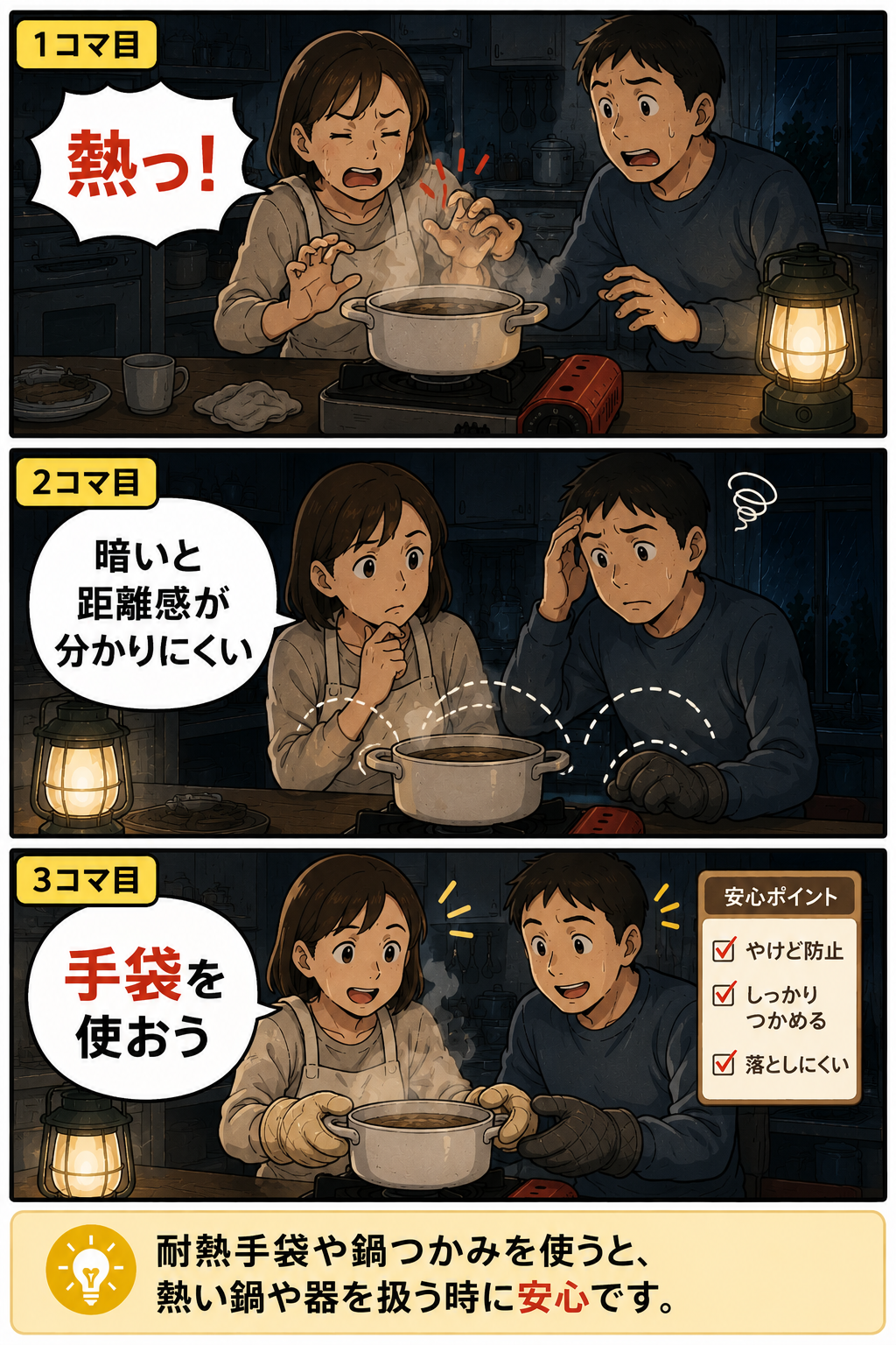 停電中に夫婦が耐熱手袋や鍋つかみを使って熱い鍋を扱う3コマ漫画