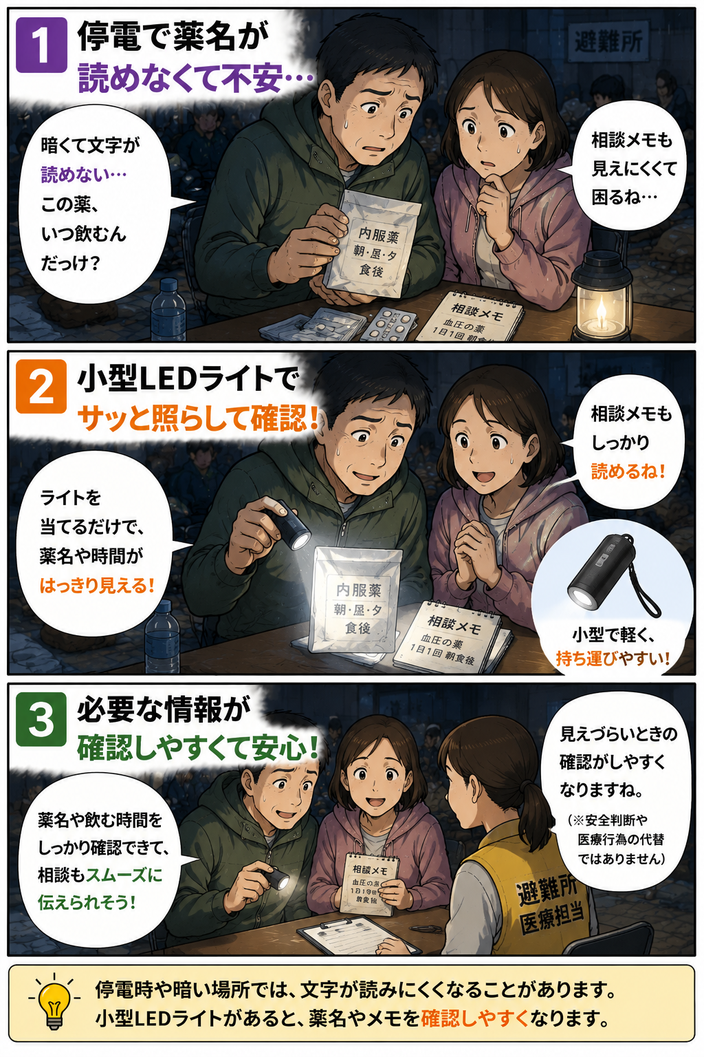 停電中の避難所で小型LEDライトを使い薬名や相談メモを確認する夫婦の漫画