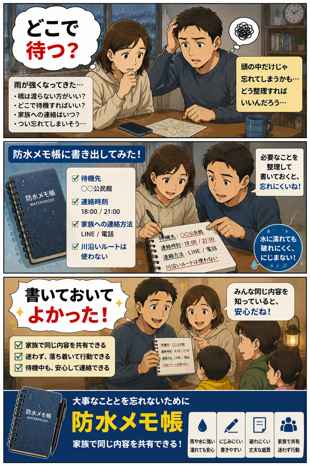 待機先や連絡時刻を防水メモ帳に書いて家族で共有する夫婦の漫画
