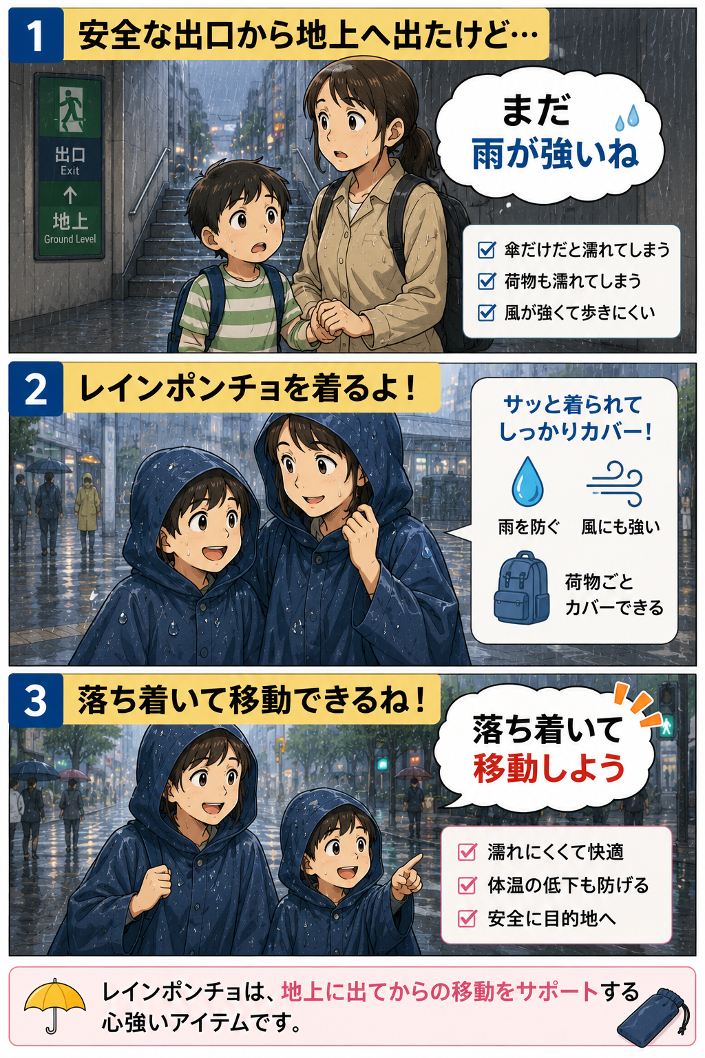 地下街から地上へ出た後にレインポンチョを着て雨の中を移動する親子の漫画