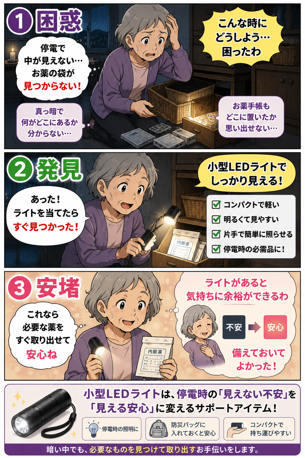 停電中に高齢女性が小型LEDライトで薬袋を探し見つけて安心している漫画