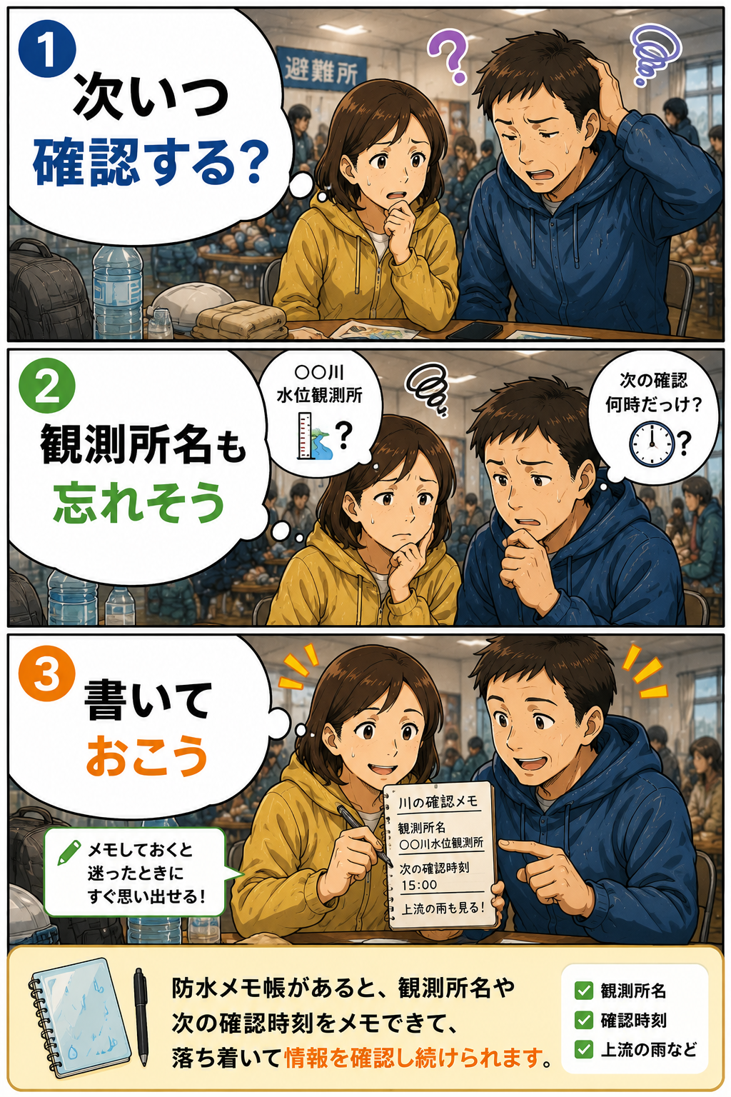 避難所で防水メモ帳に観測所名と確認時刻を書く夫婦の防災漫画