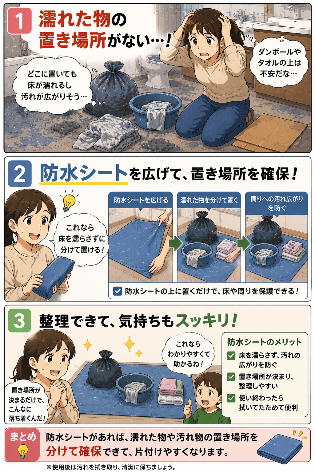濡れた物や汚れ物を防水シートの上に分けて置く漫画
