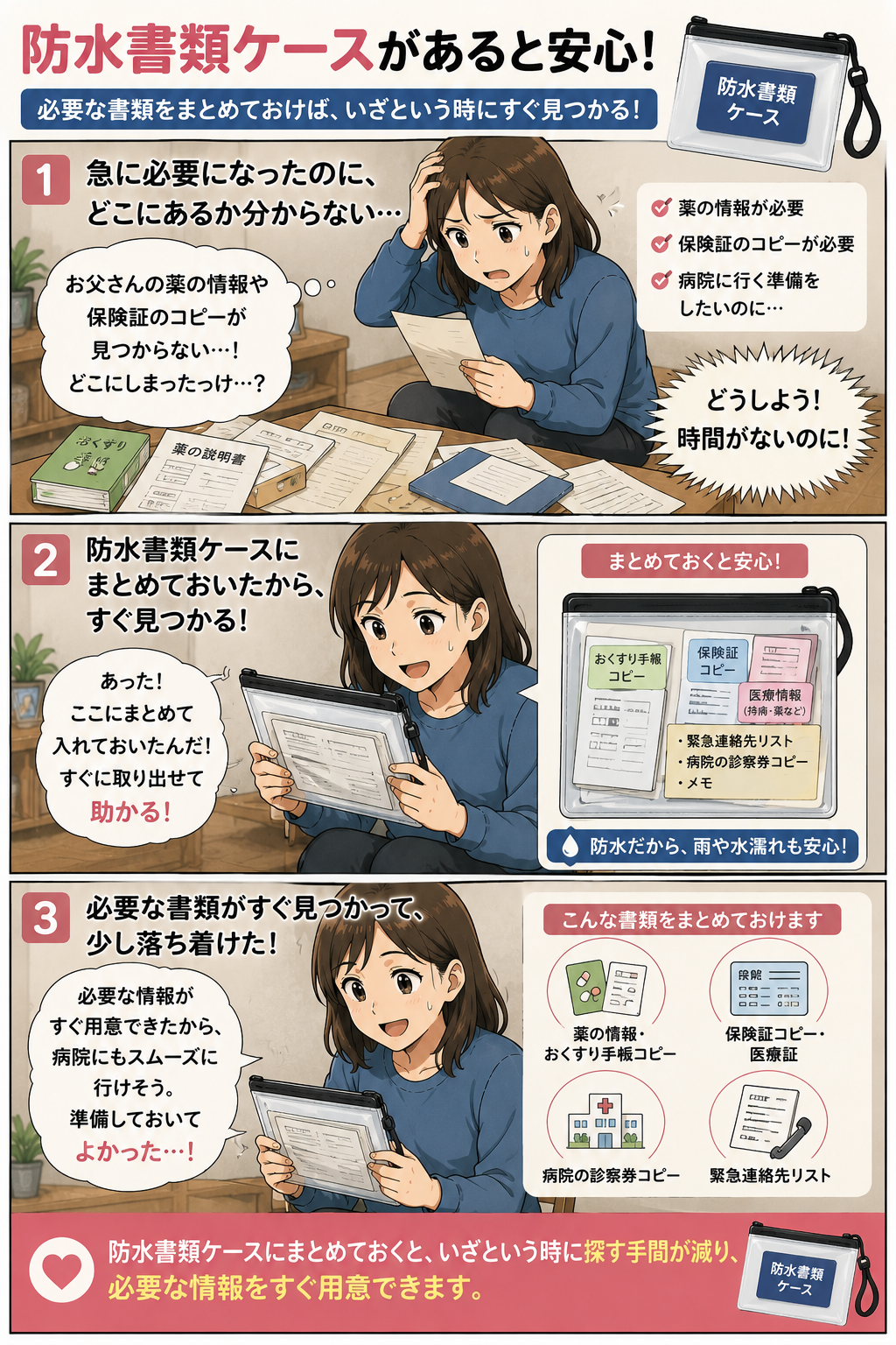 薬情報や保険証コピーを防水書類ケースにまとめて確認する娘の漫画