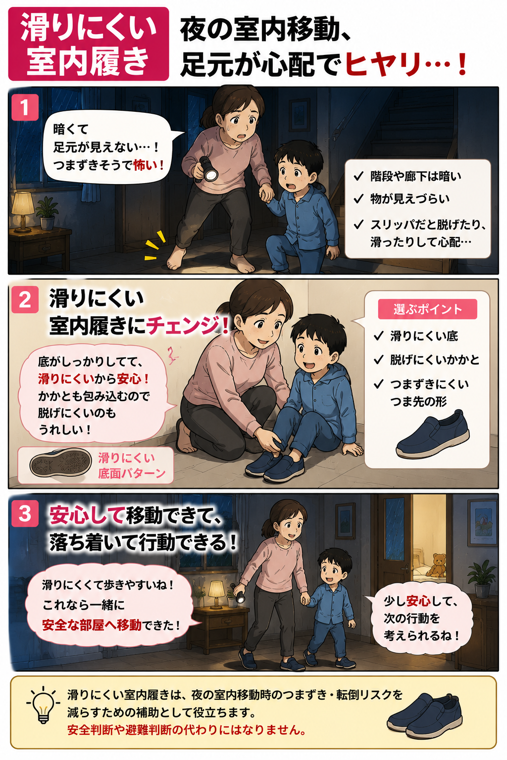 母親と子どもが夜の室内移動で滑りにくい室内履きを使う漫画