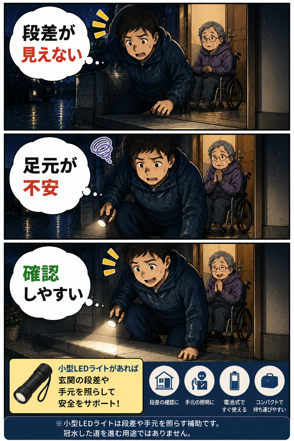 夜間に介助者が小型LEDライトで玄関前の段差を確認する漫画