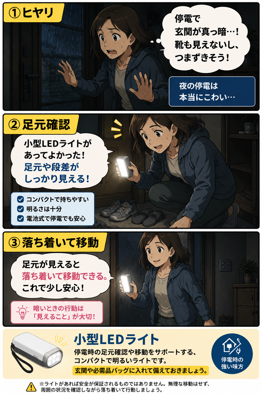 停電で暗い玄関に不安を感じる40代女性が小型LEDライトで足元を確認して移動する漫画