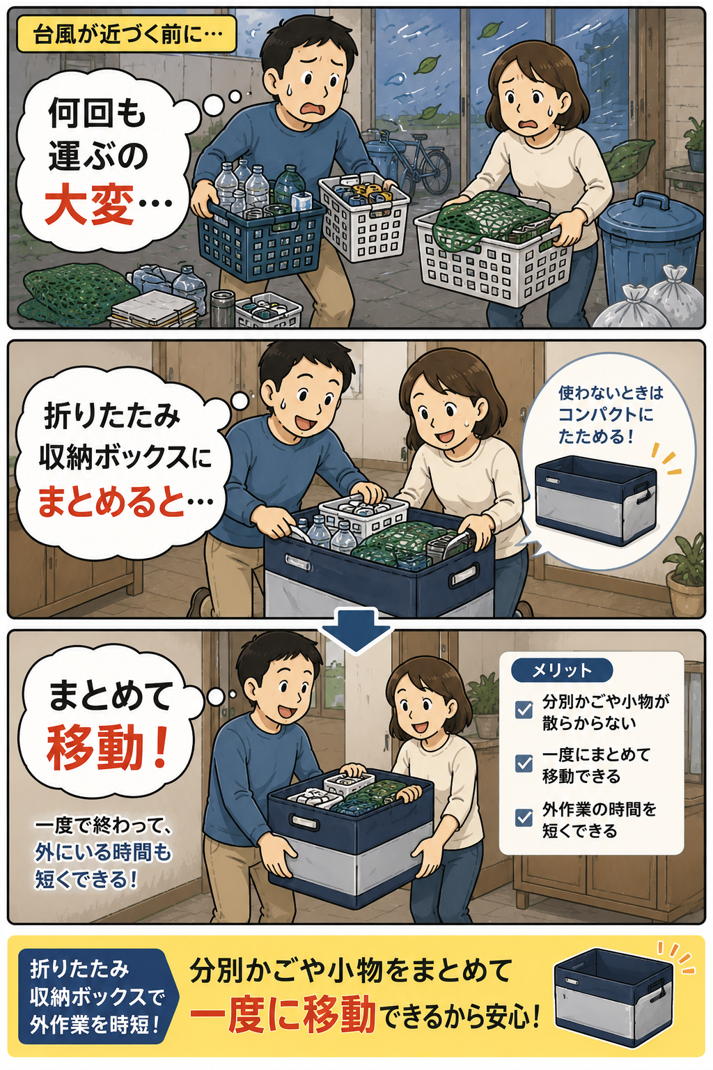 台風前に折りたたみ収納ボックスで分別かごや小物をまとめて運ぶ夫婦の漫画
