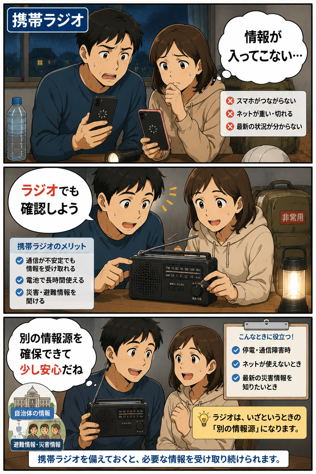 夫婦が通信不安定な状況で携帯ラジオを使って情報確認している漫画