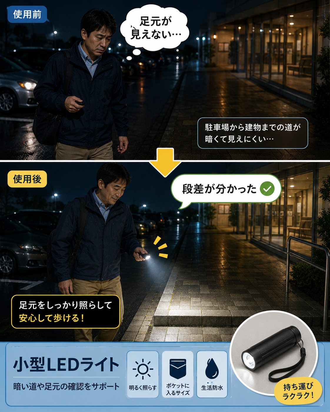 暗い帰り道で小型LEDライトを使って足元を確認する漫画