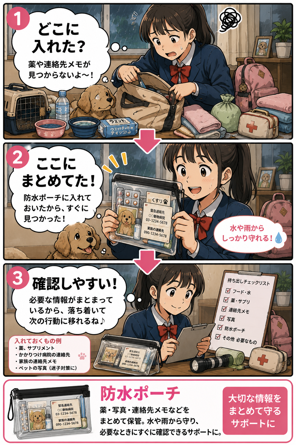 ペットの薬や連絡先メモを防水ポーチにまとめる漫画