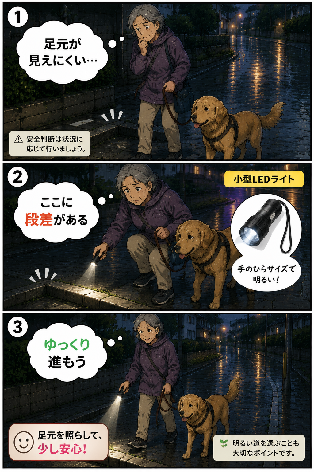 暗くなった帰り道で小型LEDライトを使う犬の散歩の漫画