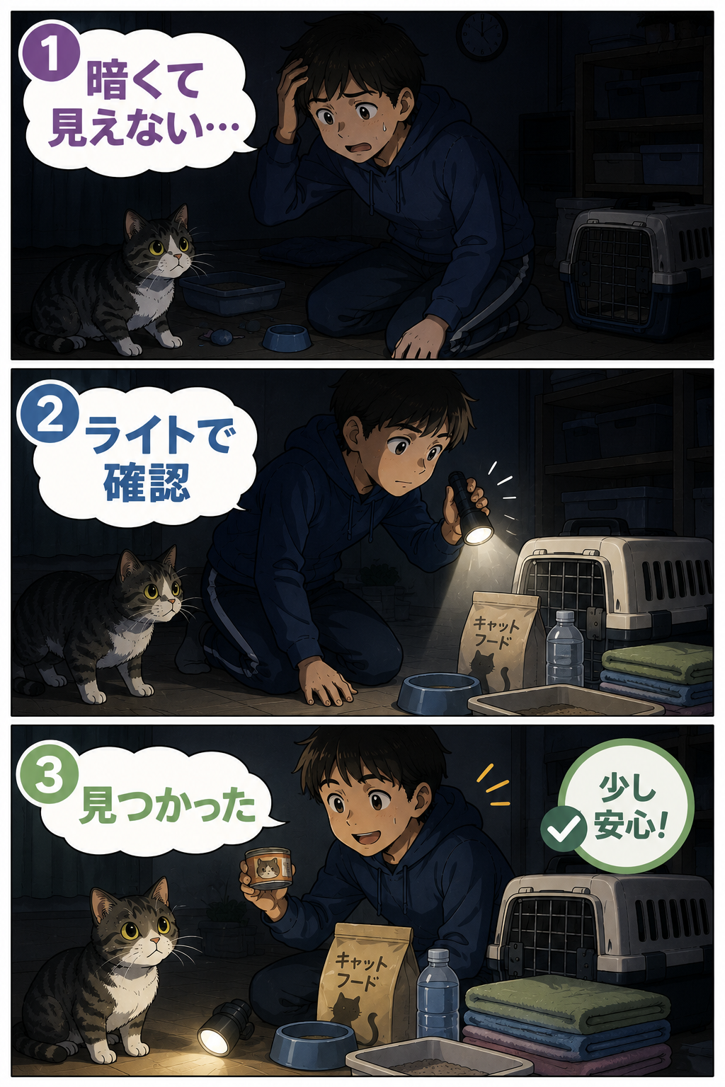 停電時に小型LEDライトで猫用品を確認する漫画