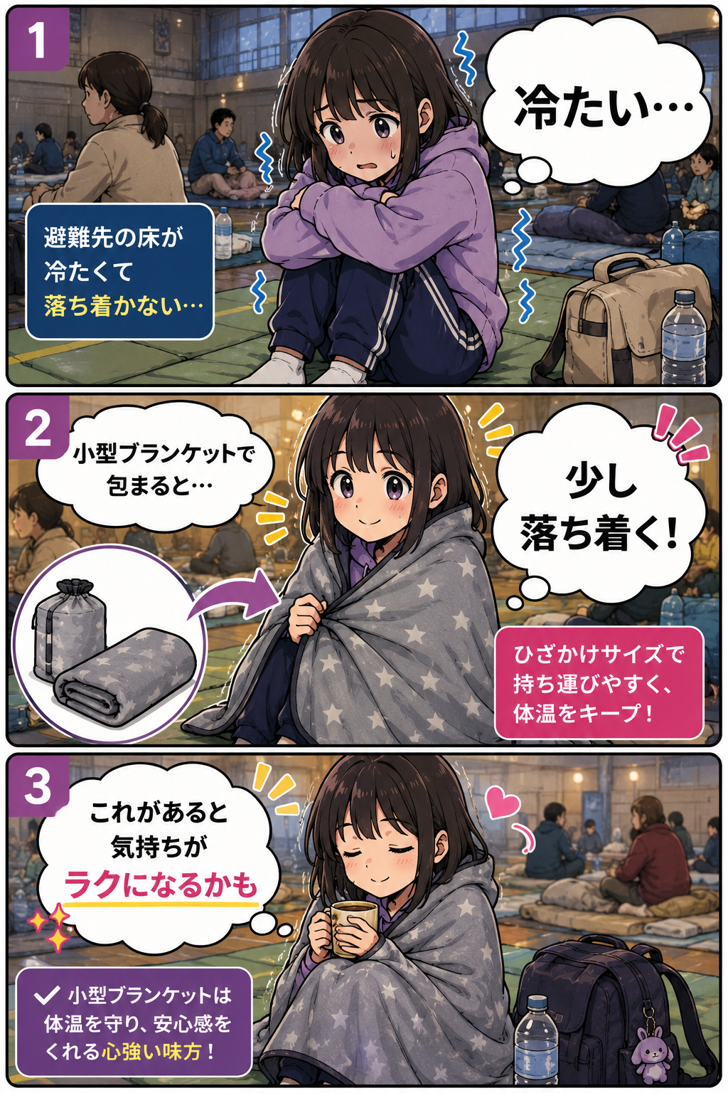 待機先で子どもが小型ブランケットで落ち着く漫画