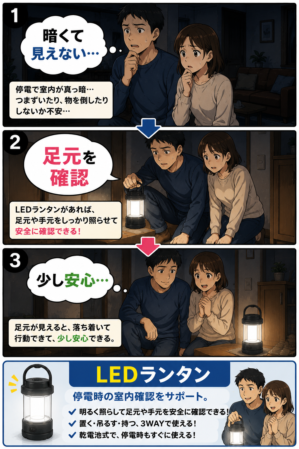 LEDランタンを使って準備や確認の負担を減らす漫画
