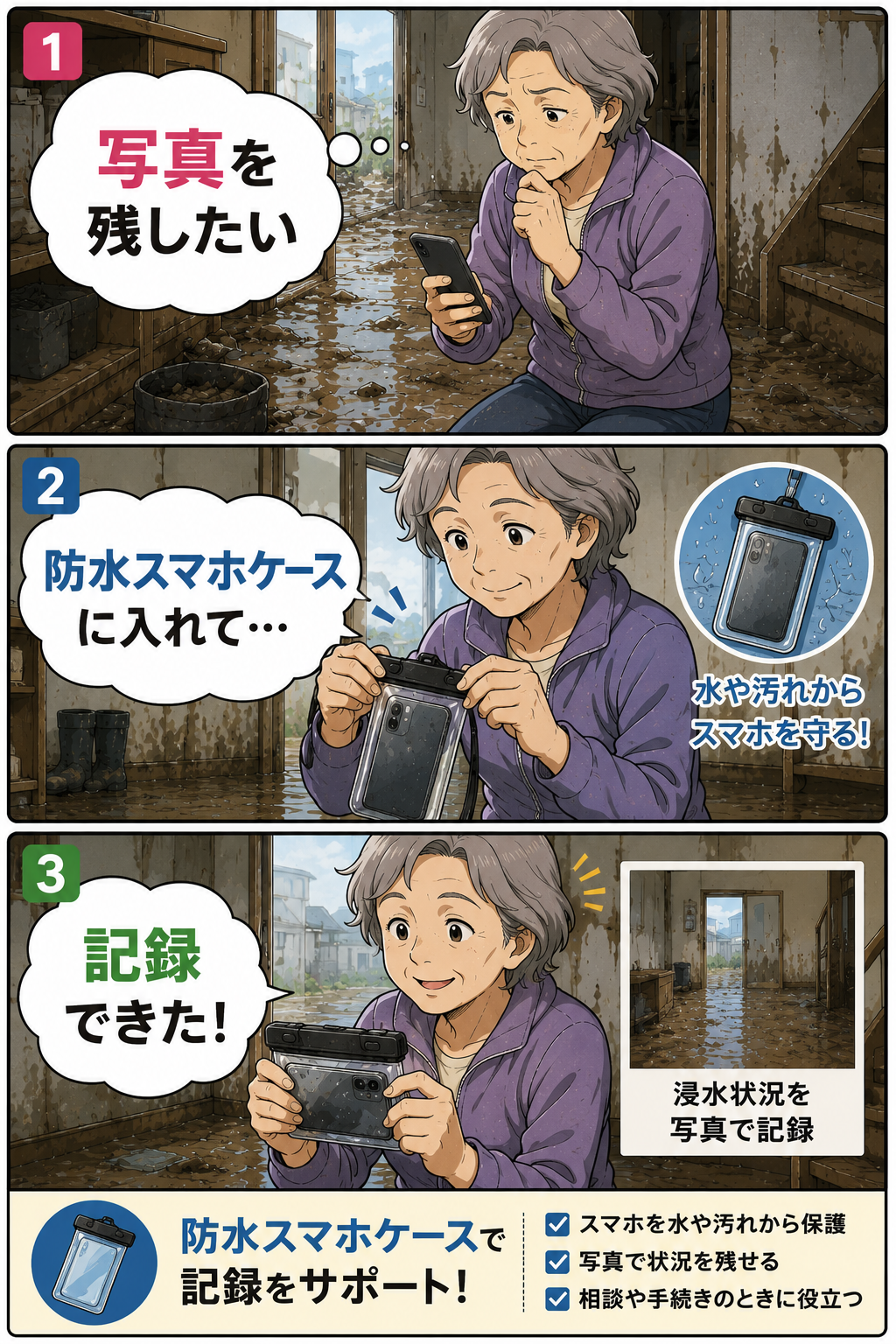 防水スマホケースを使って準備や確認の負担を減らす漫画