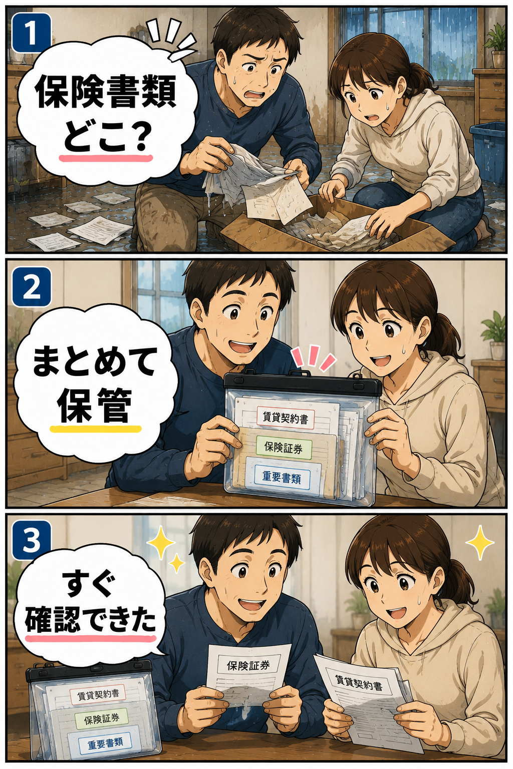 防水書類ケースを使って準備や確認の負担を減らす漫画